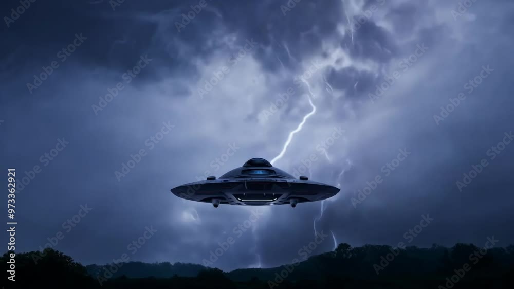 Poster Mysterious ufo soars in a stormy night sky, sparking imagination with its eerie presence amidst lightning