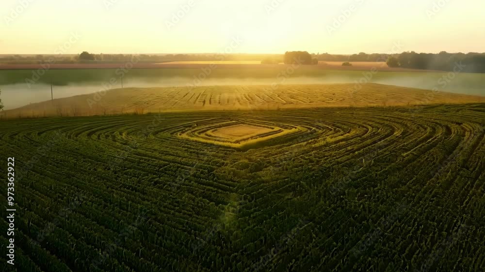 Poster Golden sunlight is illuminating a square crop field pattern surrounded by circular patterns in a freshly planted field covered in fog at dawn