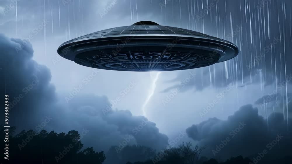 Poster Large, metallic, disc shaped unidentified flying object hovering over a stormy landscape with dark clouds and beams of light