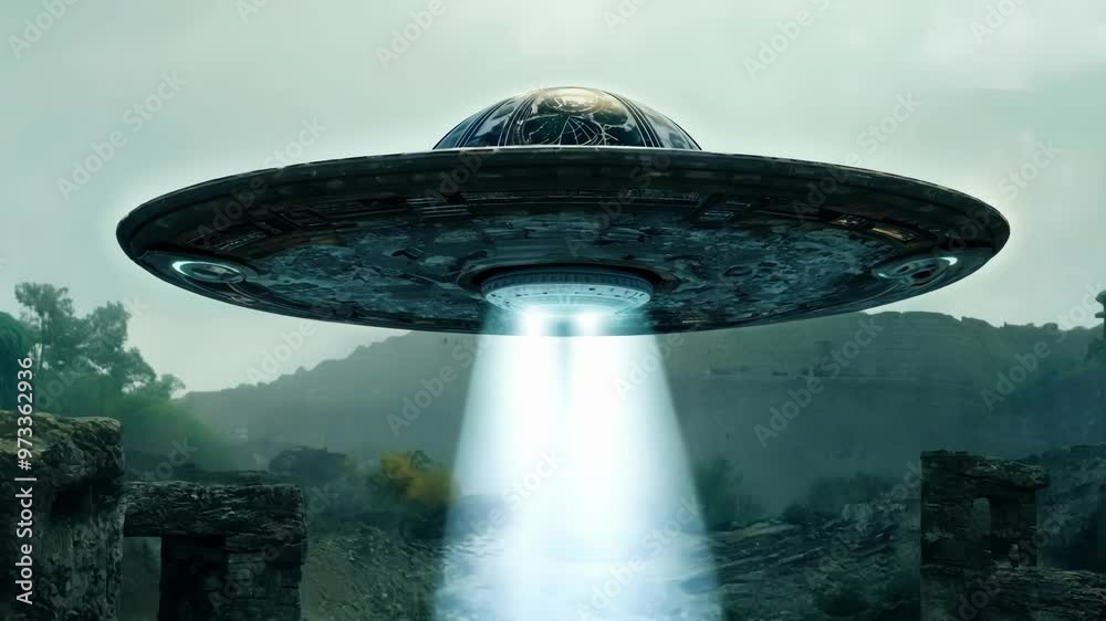 Poster Large unidentified flying object is hovering in the sky over ancient ruins emitting a bright light beam to the ground below