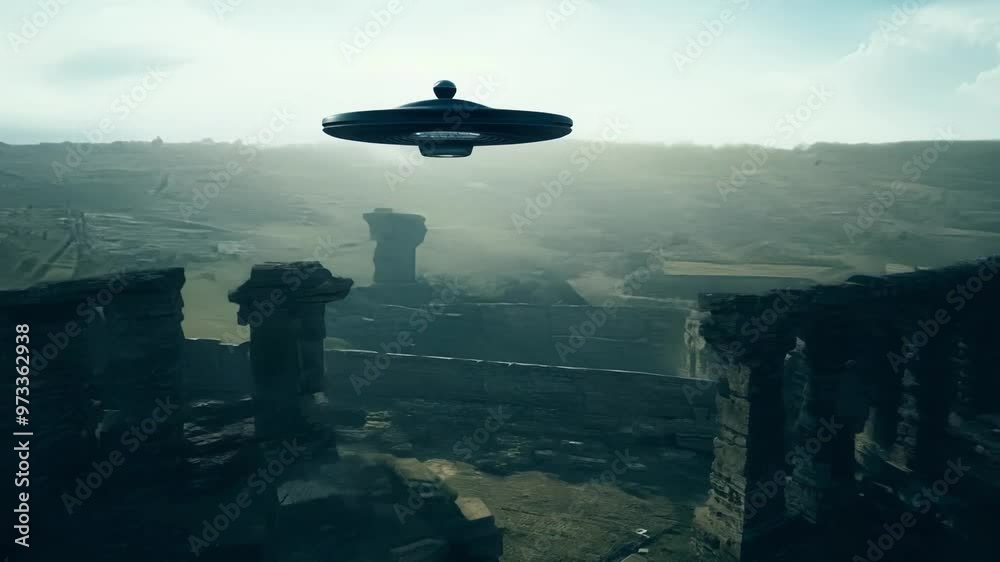 Poster Mysterious ufo hovers above ancient ruins on a foggy day, blending science fiction with history, sparking curiosity and imagination