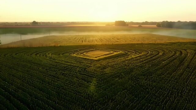 Golden sunlight is illuminating a square crop field pattern surrounded by circular patterns in a freshly planted field covered in fog at dawn