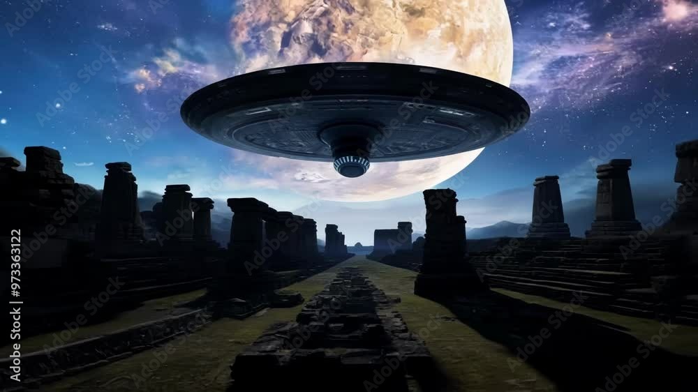 Poster Large, black spaceship is hovering over the ruins of an ancient civilization on an alien planet, with a giant moon in the distance