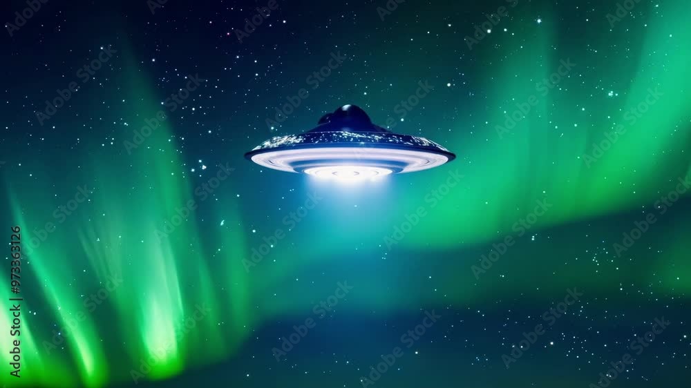 Poster alien spaceship hovers in space, casting bright lights on a planet with green northern lights, flyin