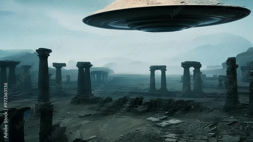 Poster Alien spaceship is hovering over ancient ruins on a distant planet, in a bleak and desolate landscape enveloped in fog