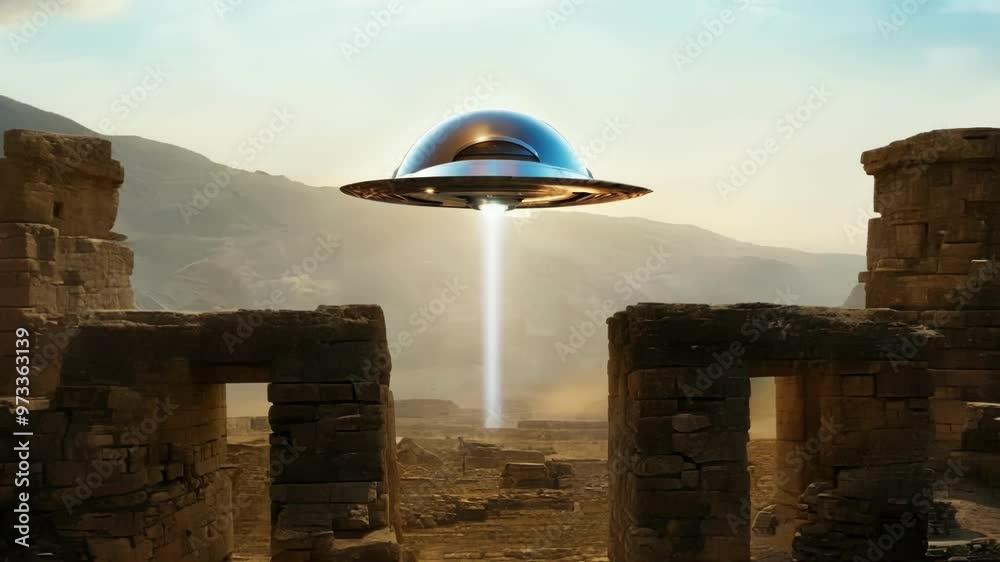 Poster Spaceship is hovering over ancient ruins, casting a beam of light onto the ground below, creating a mysterious and otherworldly atmosphere