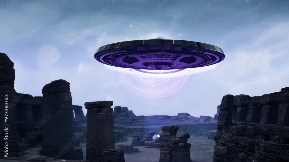 Poster Large, black and silver alien spaceship is hovering over ancient ruins on a foggy day, exploring the mysteries of a lost civilization