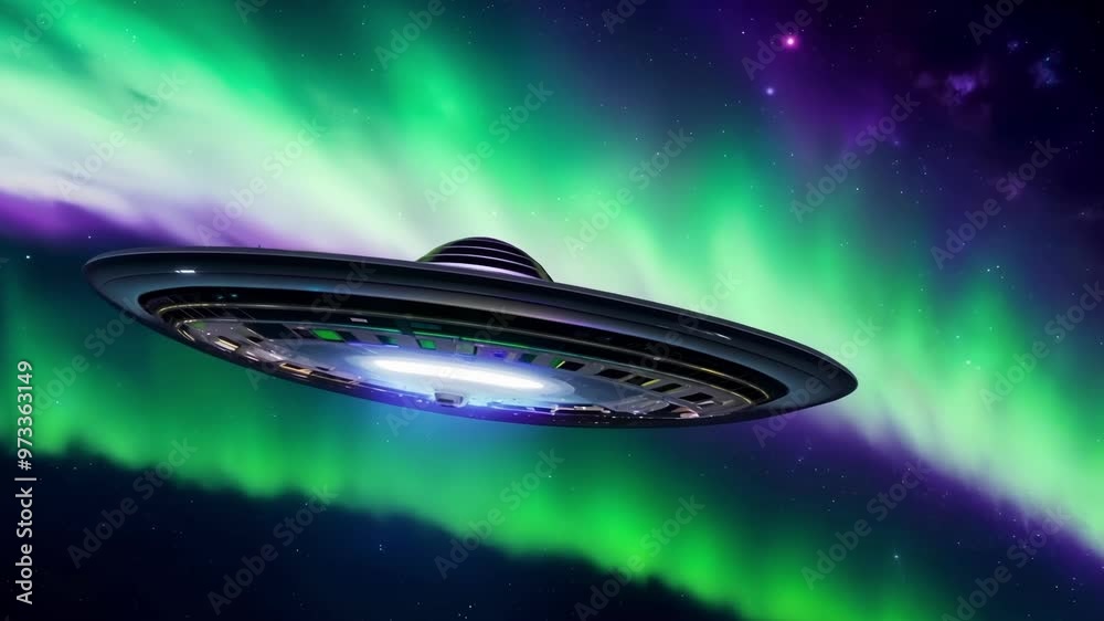 Poster Spaceship gliding through space, lit by an aurora borealis in green and purple, evoking wonder and mystery of alien encounters and futuristic exploration