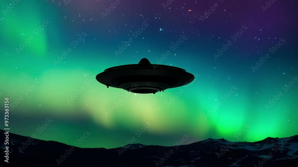 Poster Mysterious spaceship soars gracefully above a snowy mountain range. With the mesmerizing aurora borealis casting a magical glow in the night sky