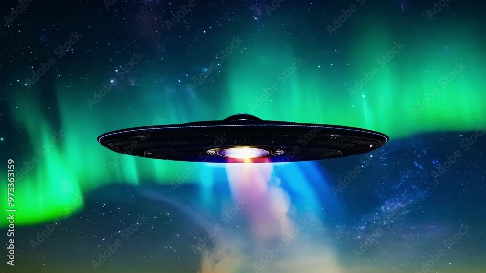 Poster alien ufo spaceship is flying over planet earth at night, leaving a trail of light behind it, with a