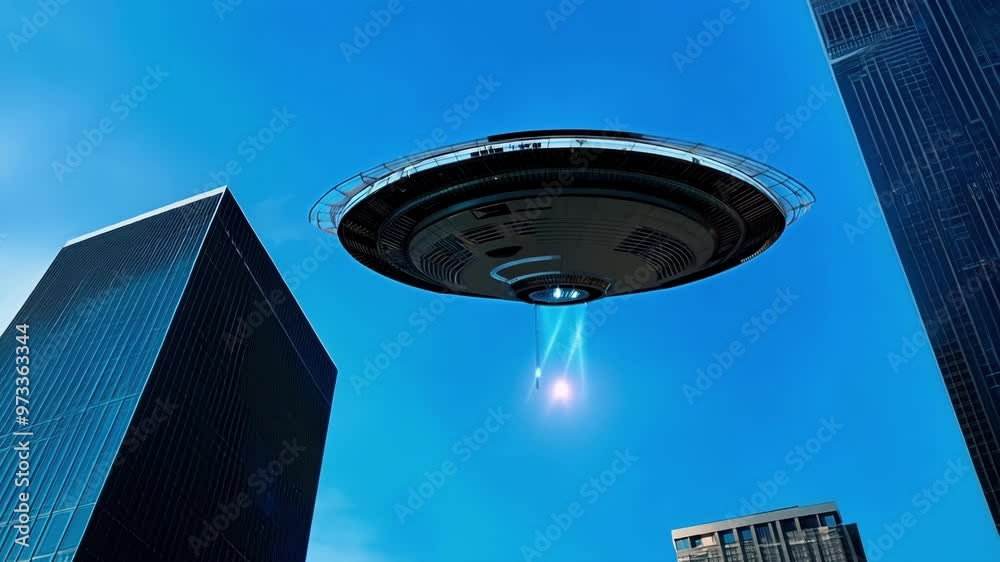 Poster Mysterious ufo spaceship hovers silently over a bustling city, casting a mesmerizing light with its powerful tractor beam in the deep blue sky