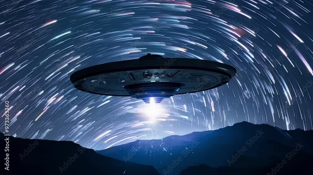 Poster Mysterious, unidentified flying object is hovering in the night sky over a mountain range, leaving trails of light in its wake