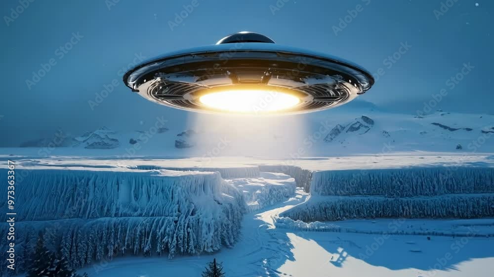 Poster Ufo is illuminating a snowy forest and mountains with a bright light emanating from its underside. The scene evokes mystery and the possibility of extraterrestrial life