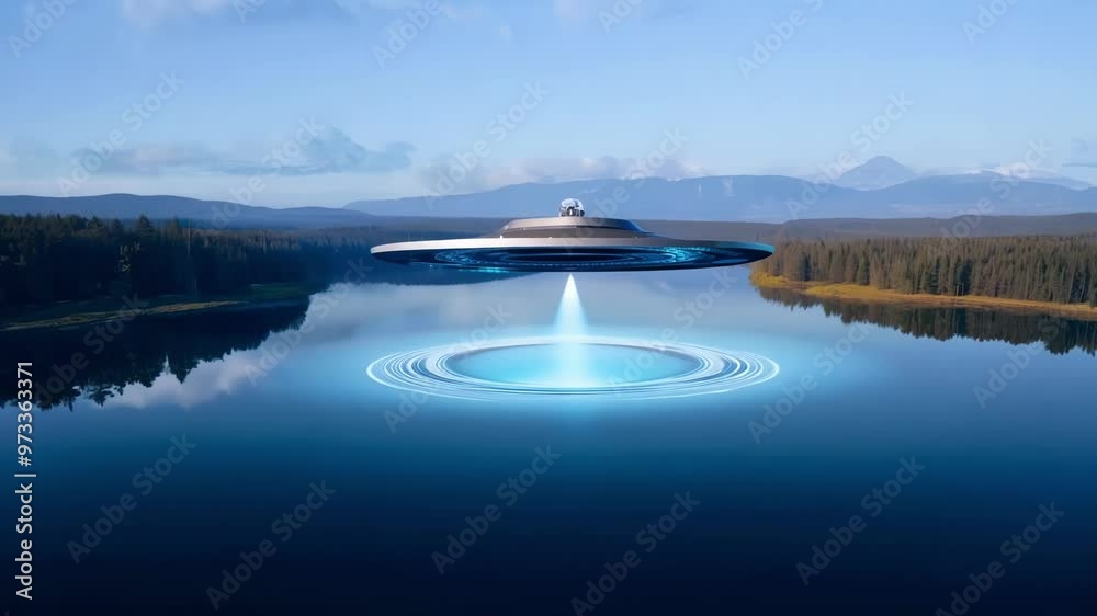 Poster Large unidentified flying object is hovering over a serene lake on a clear day, providing a unique perspective from both above and below the water's surface