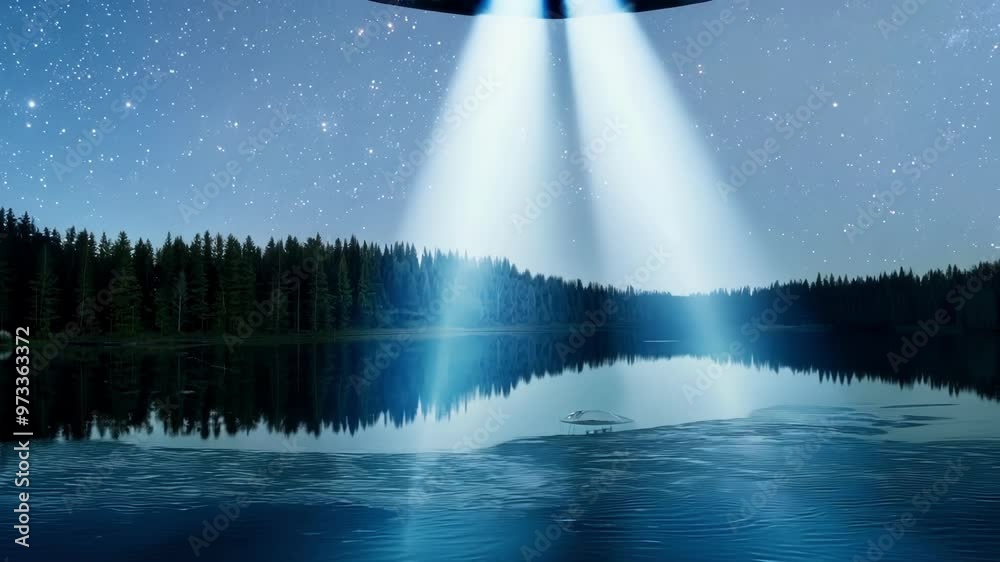 Aufkleber Mysterious alien spaceship is hovering over a lake in the forest, emanating a bright beam of light that illuminates the water and surrounding trees