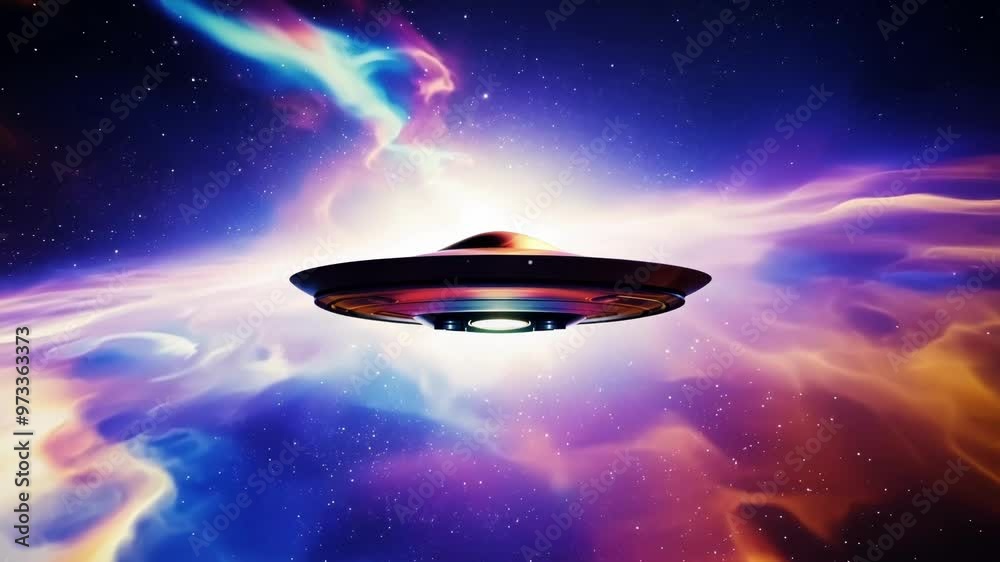 Poster Spaceship is traveling through colorful space clouds. The image inspires a sense of awe and wonder about the vastness and mystery of the universe