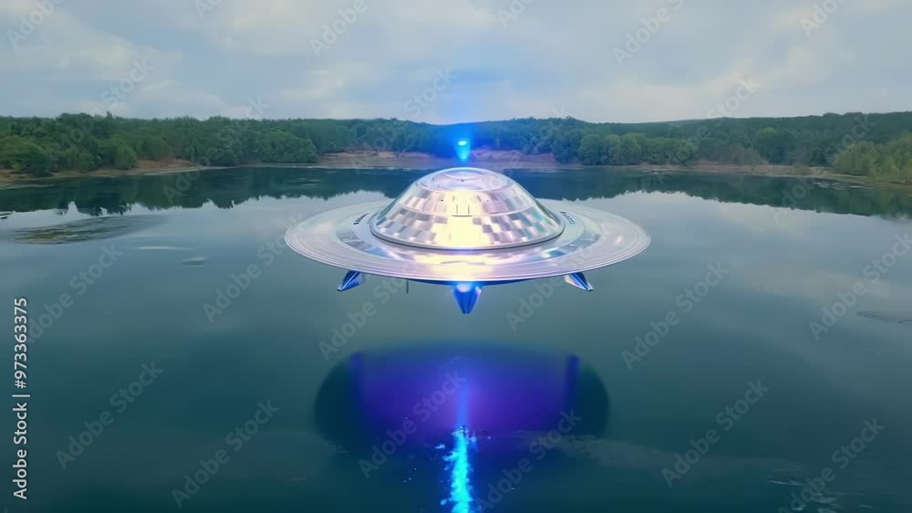 Poster Mysterious ufo hovers over a calm lake, reflecting in the water. Trees, sky, and clouds add to the otherworldly atmosphere, sparking thoughts of cosmic mysteries