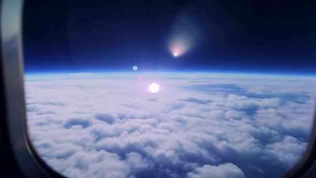 Marvel at comet neowise illuminating the sky above fluffy clouds during sunrise from an airplane window. A must see for nature and science enthusiasts