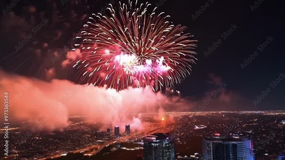 Poster Fireworks are exploding high above a city skyline at night, illuminating the sky with vibrant bursts of color and light