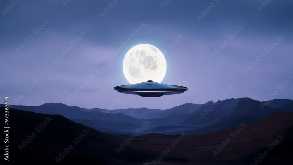 Poster Large, metallic unidentified flying object is hovering in the night sky over a desolate, mountainous landscape, bathed in the ethereal glow of a full moon