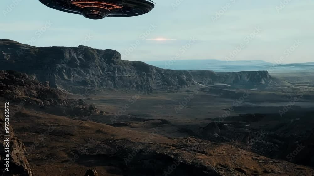 Poster Spaceship gracefully soars above a desolate alien planet at sunset, with majestic mountains in the distance. The scene blends science fiction and exploration in a mysterious and remote landscape