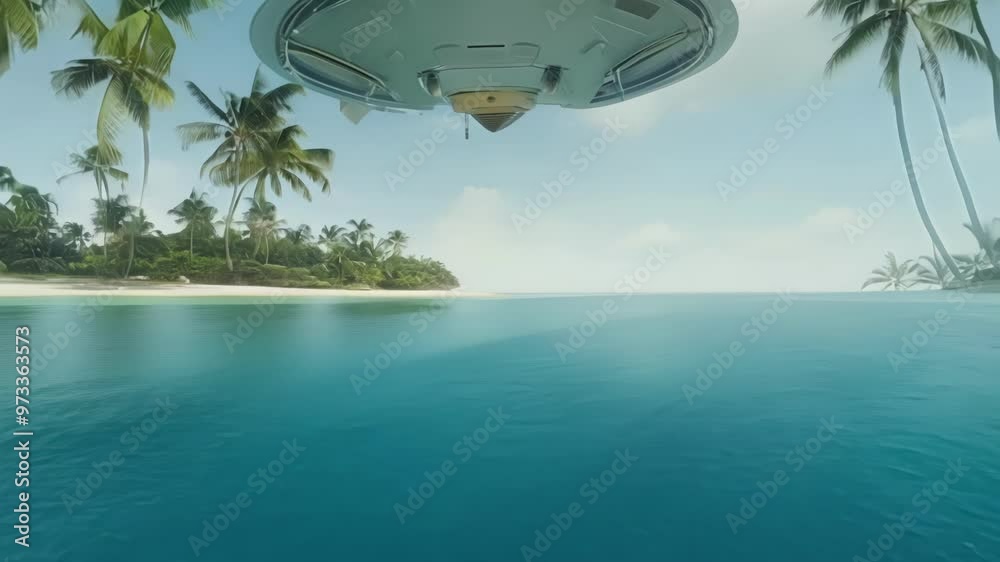 Poster The turquoise water of the ocean is gently lapping at the shore of a tropical island covered with palm trees and lush vegetation
