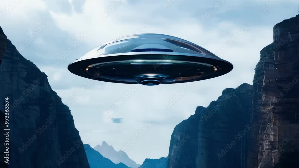 Poster Spaceship is flying over mountains with clouds in the sky. This image evokes the concept of space exploration and alien life