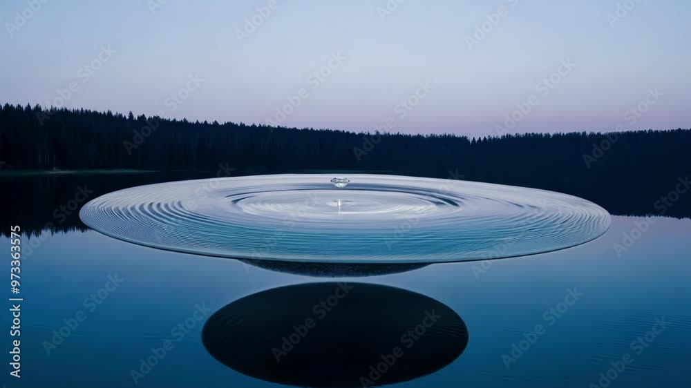Poster Futuristic oval building is standing on a perfectly still lake at dusk, reflecting on the water surface, with a dense forest in the background
