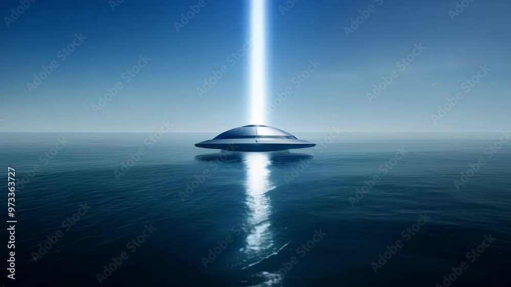 Poster Metallic unidentified flying object is hovering above the surface of a body of water, emitting a bright beam of light towards the sky
