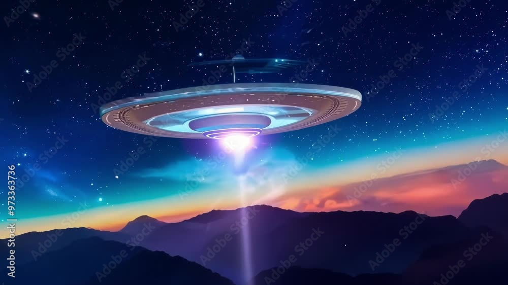 Poster Large, unidentified flying object is beaming a bright light onto a mountain range, with a starry sky and clouds in the background