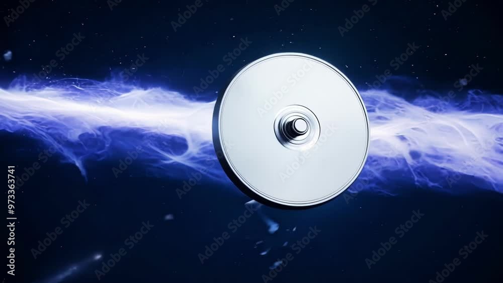 Poster Compact disc is floating in space with blue energy or data streaming from its sides against a starry background. This image evokes concepts of music, data storage, and technology