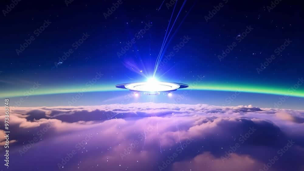 Leinwandbilder large, silver alien spaceship is hovering over a bed of white clouds with bright lights beaming from