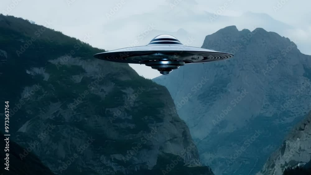 Poster Large, metallic, disc shaped ufo is hovering in the air, casting a shadow on the rugged terrain below, suggesting extraterrestrial presence and advanced technology