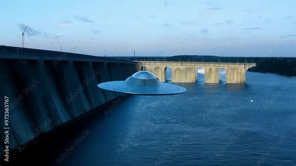 Poster Mysterious ufo hovers silently at dusk above a dam and river, casting a twilight glow. The futuristic spacecraft adds wonder to the scene, evoking thoughts of unknown technology
