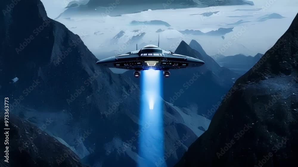 Poster spaceship hovers over a mountain range, lit by a tractor beam in a blend of sci fi and fantasy, evok