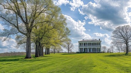 A white antebellum house stands on a grassy hill, surrounded by trees and a blue sky with fluffy white clouds.