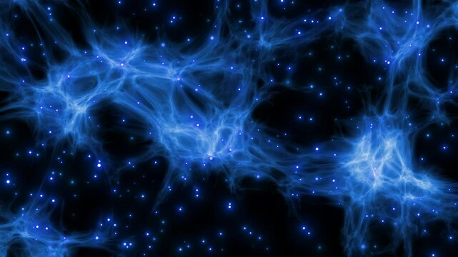 Wandering shimmering blue particles among a mutating network of neurons. Abstract animation.