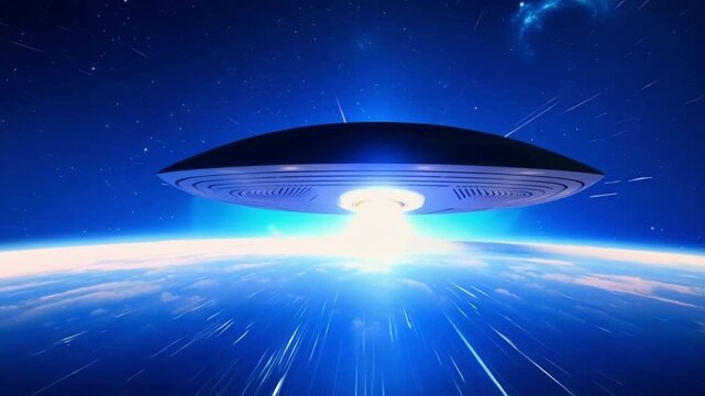 Hovering flying saucer beams light to earth in space, surrounded by stars and mystery. Evoking science fiction, aliens, and excitement