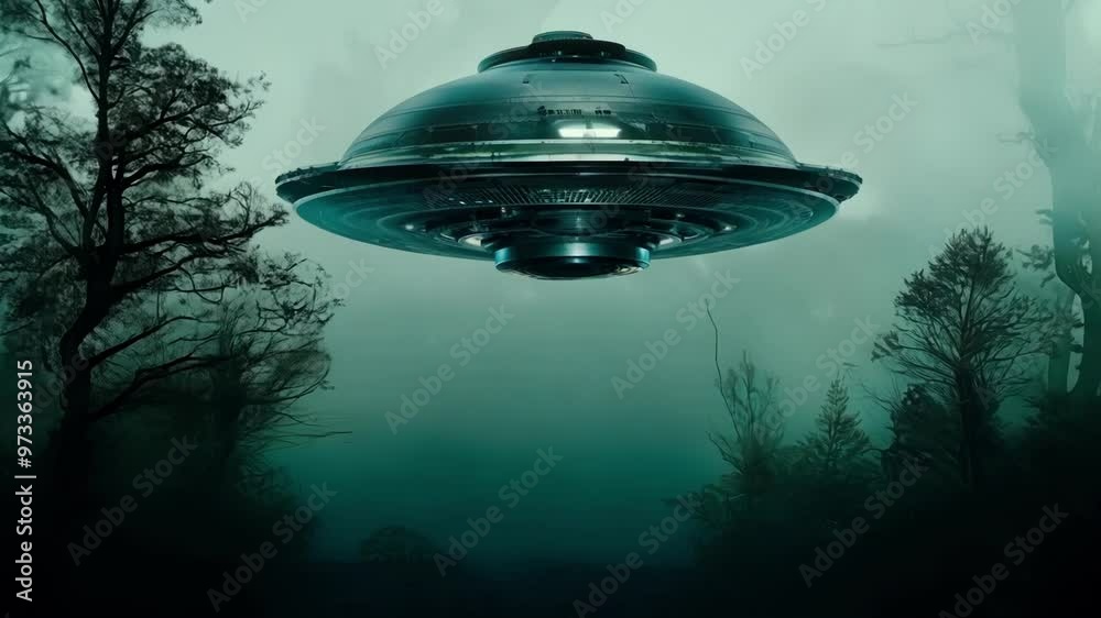 Aufkleber Large, silver alien spaceship with glowing lights is hovering over a dark and foggy swamp at night. The spaceship is casting an eerie green glow on the water and trees below