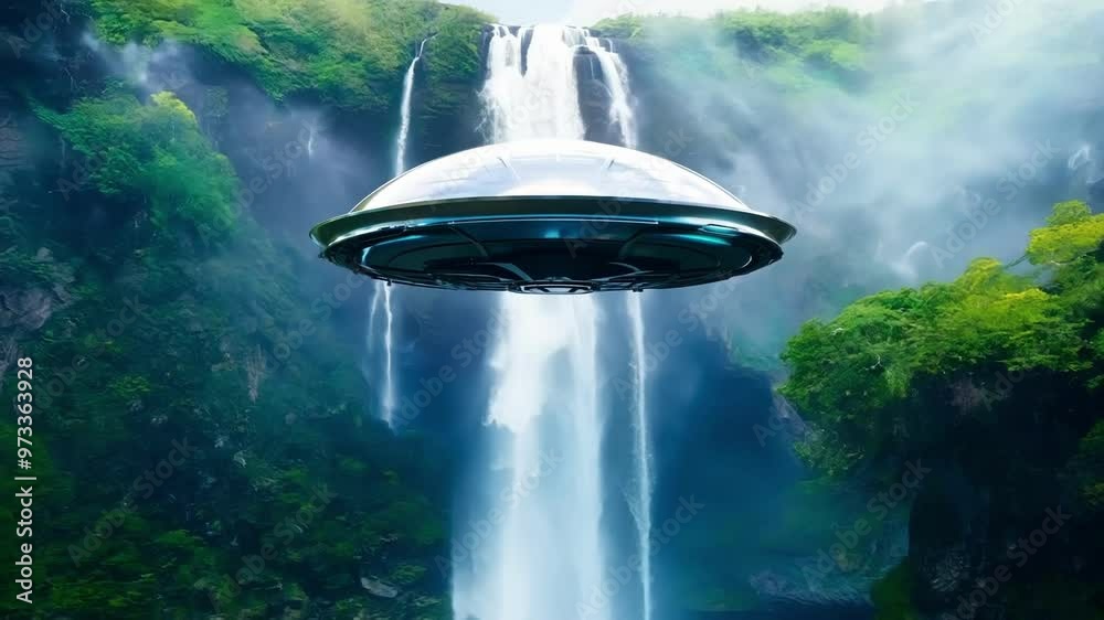 Poster Ufo spaceship is hovering over a waterfall in a forest landscape, showcasing the beauty of nature and the mystery of the unknown