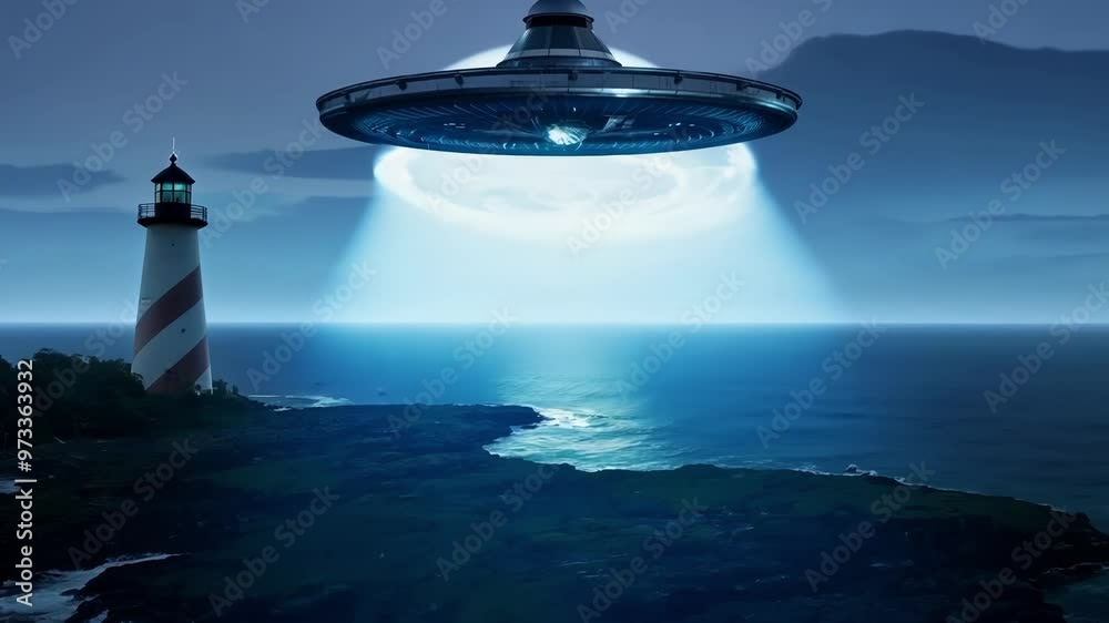 Aufkleber Bright light emanating from a large, unknown object illuminates a lighthouse on a rocky coast. The scene evokes mystery and the unknown