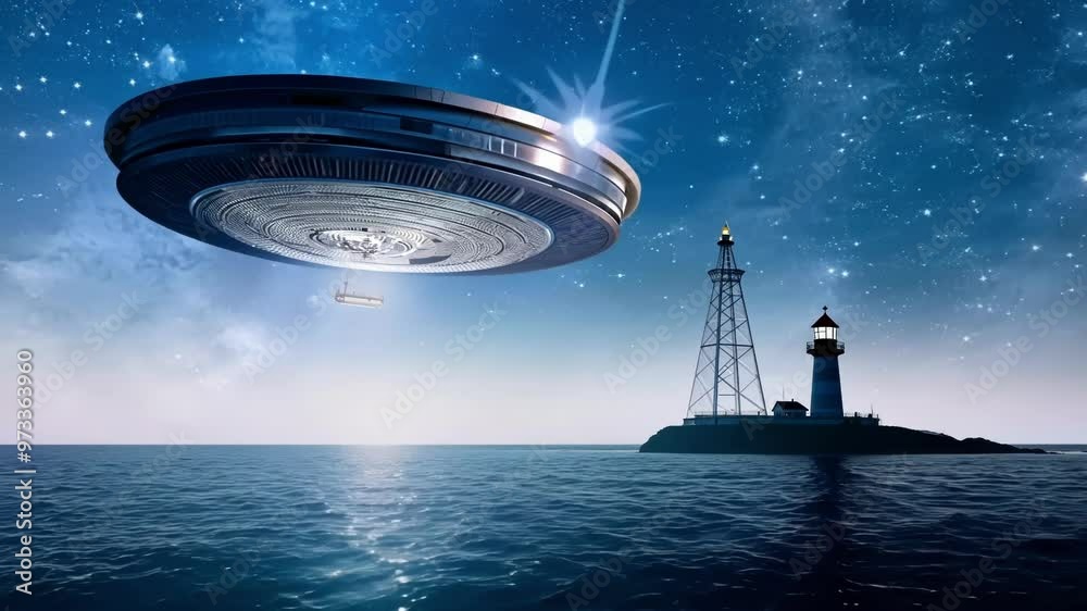 Poster large spaceship is arriving on earth at night, hovering over the ocean and approaching a lighthouse 