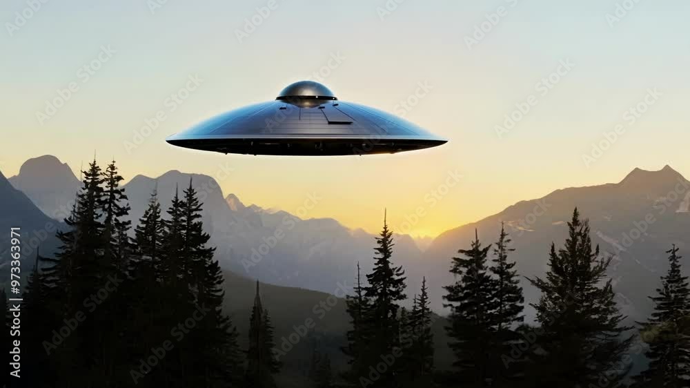 Poster Large, silver, unidentified flying object is hovering over a mountain forest at sunset, its lights casting an eerie glow on the surrounding trees