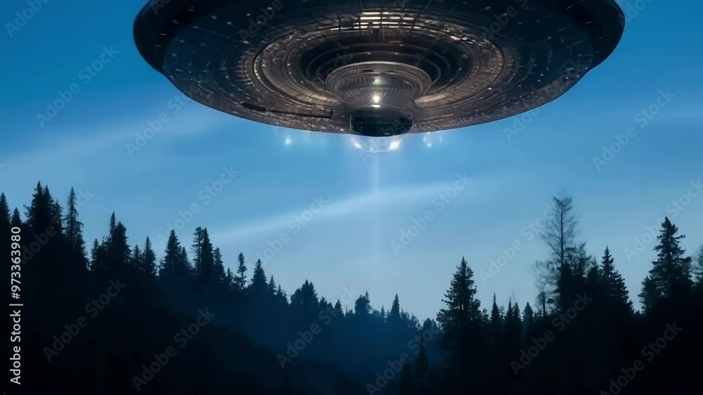 Poster Driving through a dark forest at night, a car lights up the trees and leaves light trails in the sky, creating a mysterious and serene atmosphere