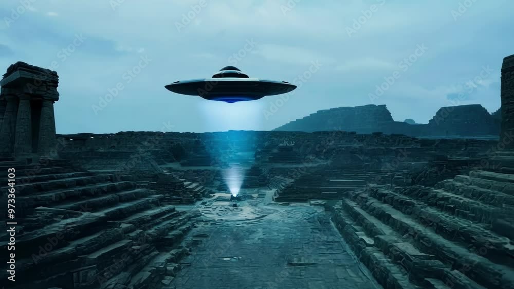 Poster Large, silver spaceship is beaming a mysterious blue light onto the ruins of an ancient civilization. The scene is shrouded in an ethereal blue light, creating a sense of mystery and wonder