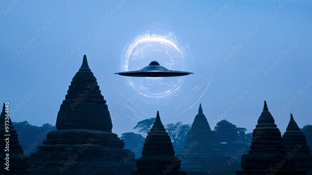 Poster Mysterious and intriguing scene of a classic ufo flying over a field of ancient temples at dusk, creating a thought provoking atmosphere