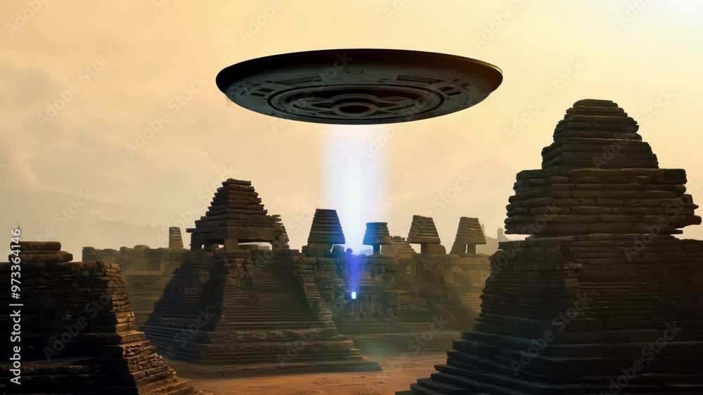 Poster Mysterious and powerful alien spaceship is hovering over ancient ruins, emanating a bright beam of light towards the ground