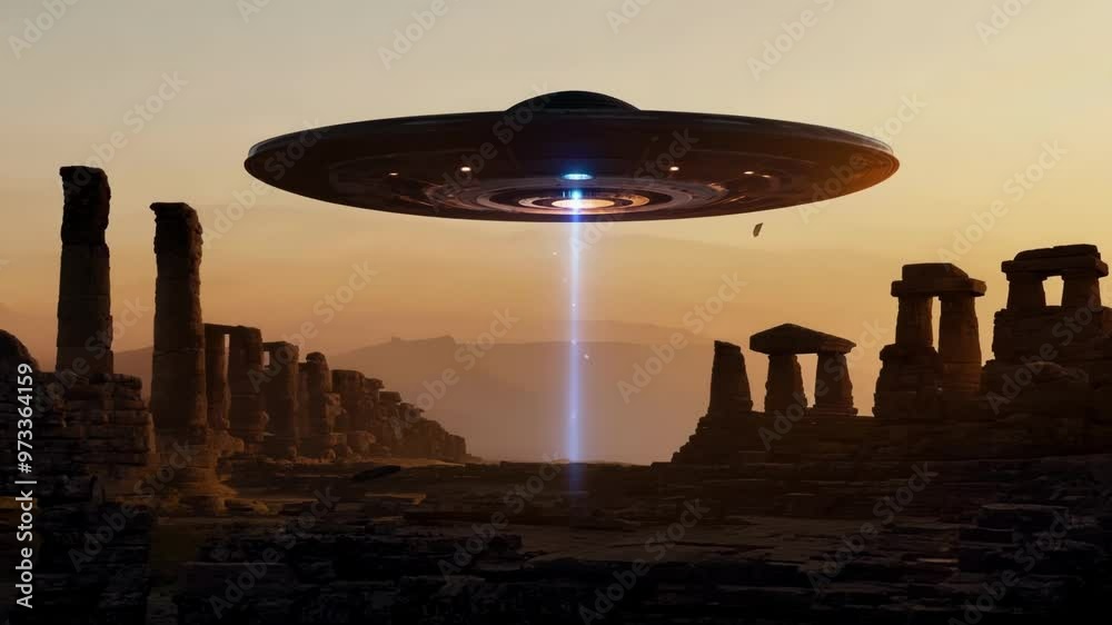 Poster Large spaceship is hovering over ancient ruins, casting an eerie blue glow on the surrounding landscape as the sun sets in the distance