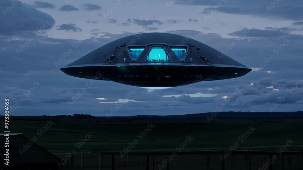 Poster large, silver spaceship with glowing windows is hovering in the sky over a rural landscape at dusk, 