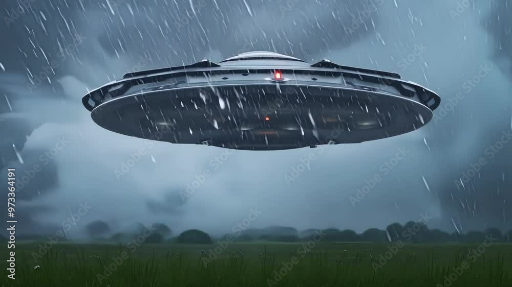 Poster Large, gray, unidentified flying object with glowing red lights hovering above a green field during a thunderstorm. The sky is dark and ominous, creating a sense of mystery and suspense